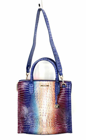 BRAHMIN Blue Purple Multi Embossed leather Dyed Print Handbag 11" 6" 11.5" Purse