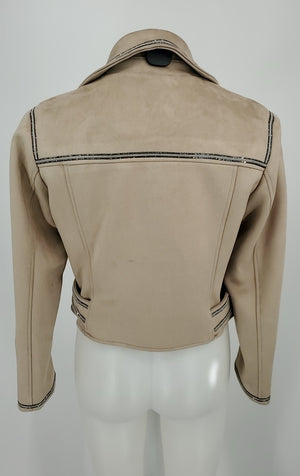 ZARA Beige Silver Multi Faux Suede Rhinestone Trim Moto Jacket