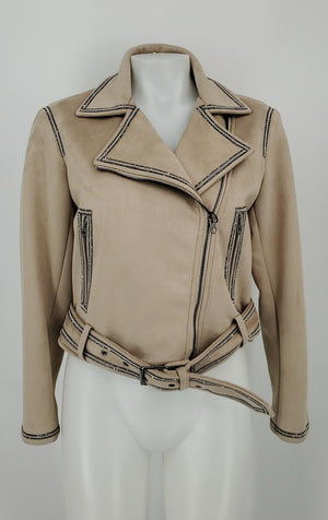 ZARA Beige Silver Multi Faux Suede Rhinestone Trim Moto Jacket