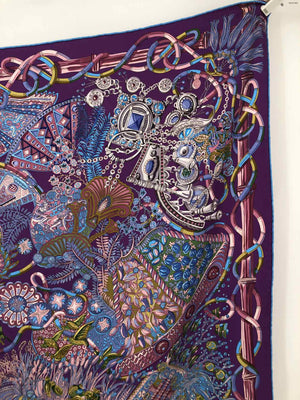 HERMES Purple Green Silk Excellent Condition Print Square 90cm Scarf