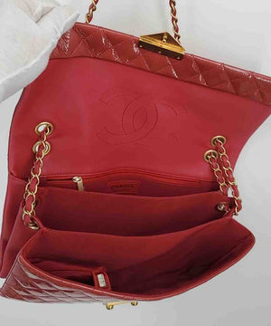 CHANEL Red Gold Quilted Patent Leather Pre Loved Chain Strap Shoulder Bag Purse