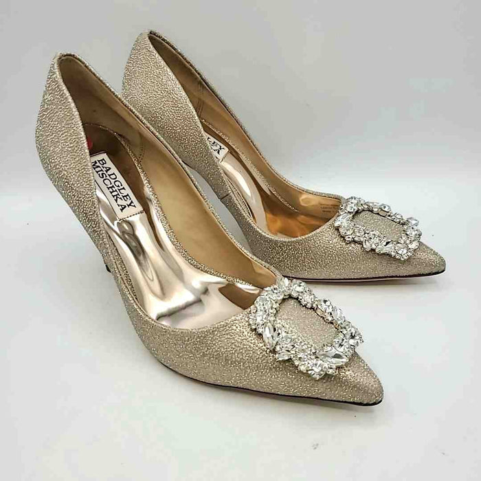 BADGLEY MISCHKA Goldtone Silvertone Pointed Toe Glitter Heels Shoes