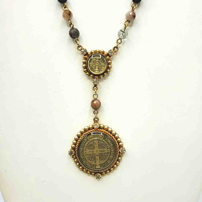 VIRGIN SAINTS & ANGELS Goldtone Brown & Beige Natural Stone Necklace