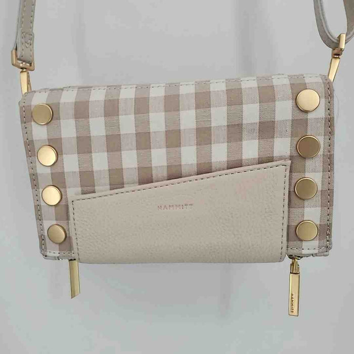 HAMMITT Cream Tan Leather & Canvas Crossbody Gingham Bifold 7.5" Wallet w/ strap