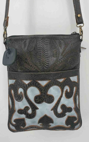 Brown Blue Tooled Crossbody Purse