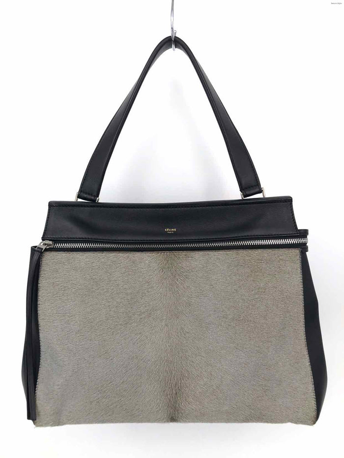 CELINE Black Lt Gray Leather pony hair Pre Loved Satchel Purse