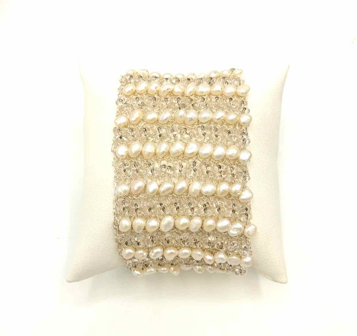 LAVISH Beige Silvertone Woven 18K Gold Plated Beaded Drop Bracelet