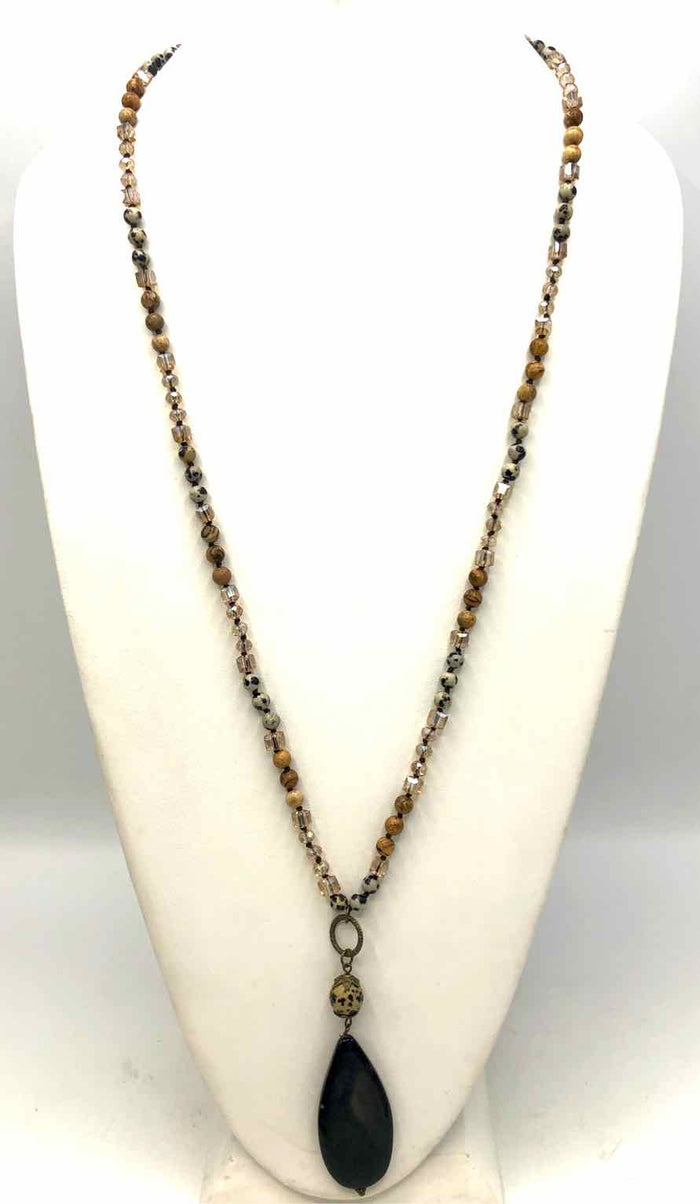 Tan Black Multi Agate Natural Stone Beaded Oval Drop 32" Necklace