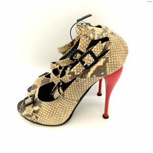 GIUSEPPE ZANOTTI Beige Black Leather Peep-Toe Reptile Pattern Heels Shoes