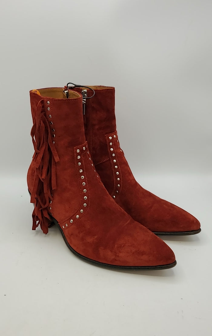 ALESSANDRO VASINI Red Silver Suede Made in Italy Fringe Studded Boots