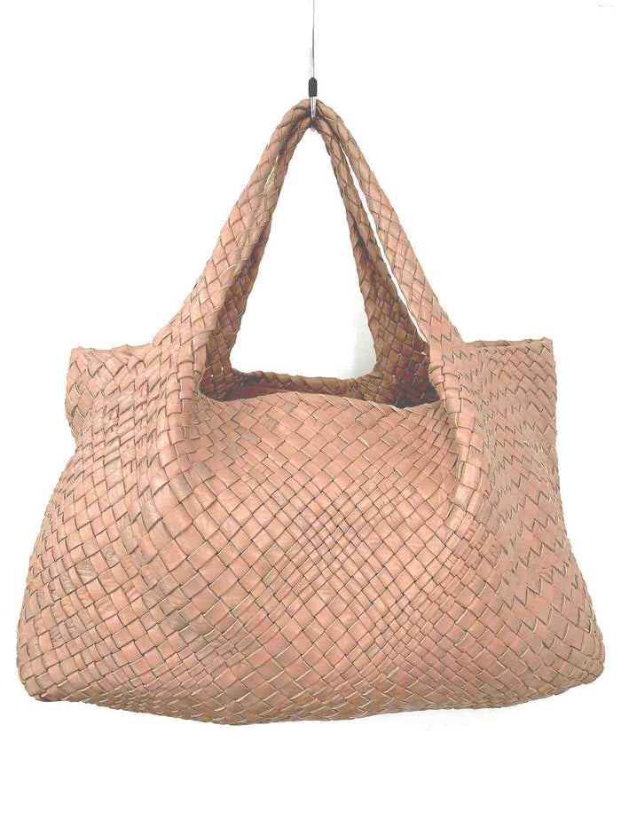 FALOR Tan Leather Woven Pre Loved Tote Purse