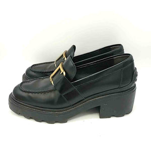 TODS Black Gold Leather Made in Italy Loafer Platform Shoes