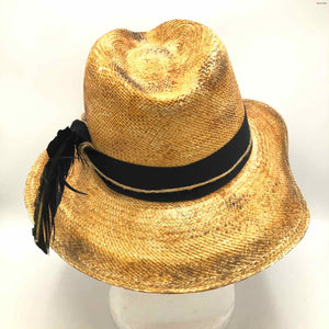 GRAND CENTRAL FASHION Tan Beige & Black Straw Feather Pre Loved AS IS Hat