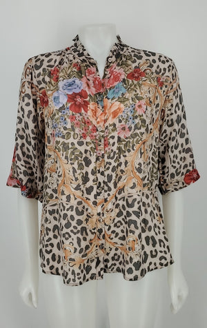 JOHNNY WAS Tan Red Multi Silk Print Top