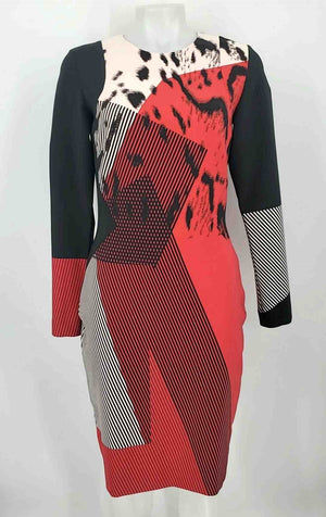 PRABAL GURUNG Black & White Red Made in Italy Print Longsleeve Size 6  (S) Dress