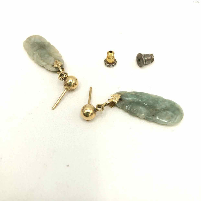 Green Goldtone Jade Pre Loved Carved Earrings