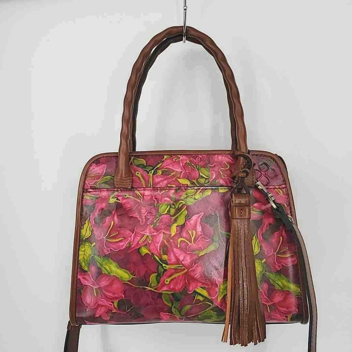 PATRICIA NASH Fuchsia Brown Leather Floral Satchel w/Crossbody Strap Purse