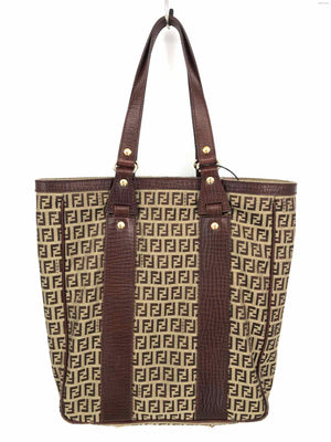 FENDI Brown Tan Canvas & Leather Monogram Tote Purse