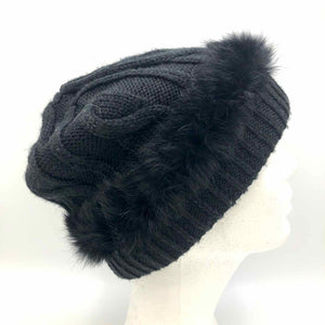 NILS Black Merino Wool & Cashmere Fur Pre Loved Pom Pom Beanie Hat