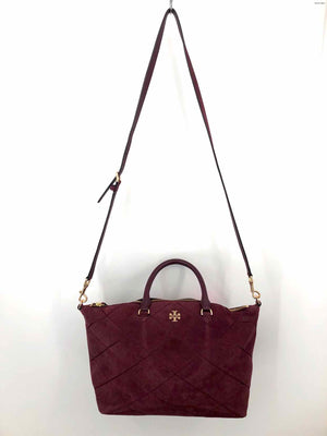 TORY BURCH Burgundy Gold Suede Pre Loved AS IS Tote Shoulder Bag 15" 4.5" Purse