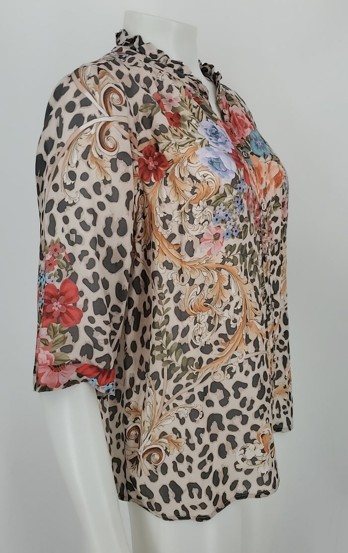 JOHNNY WAS Tan Red Multi Silk Print Top