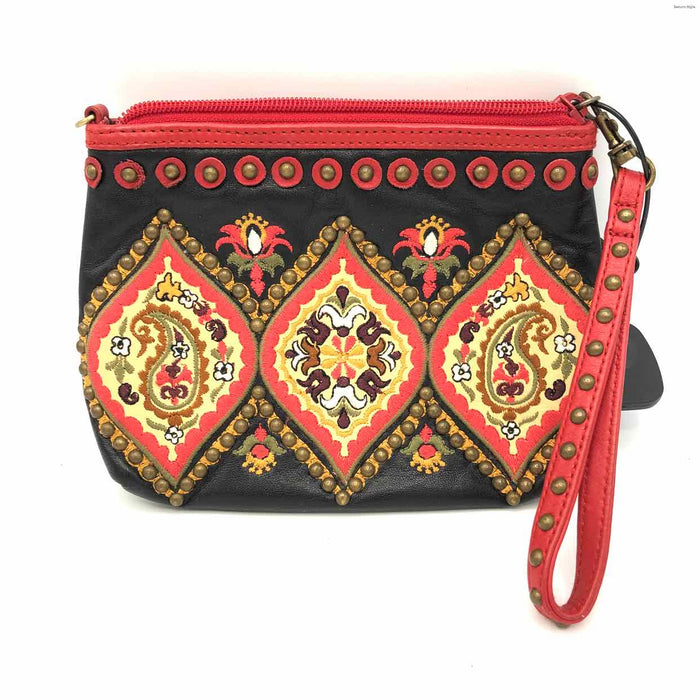 ISABELLA FIORE Black Red Pre Loved Embroidered Studded Wristlet Purse