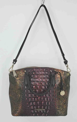 BRAHMIN Burgundy Black & Gold Leather Mock Croc Satchel Purse