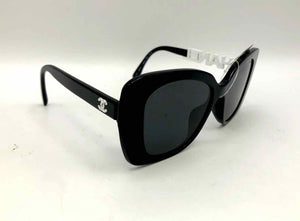 CHANEL Black White Pre Loved Monogram Modified Cats Eye Sunglasses w/case