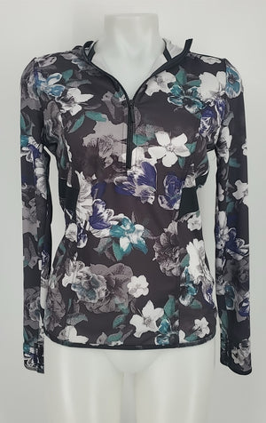 STELLA MCCARTNEY Black Blue Multi Floral Print Half Zip Activewear Top