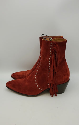 ALESSANDRO VASINI Red Silver Suede Made in Italy Fringe Studded Boots