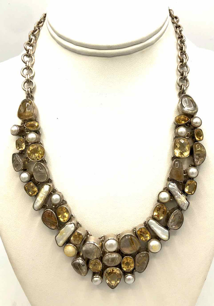 White Sterling Silver Citrine Pearl Collar 18" ss Necklace