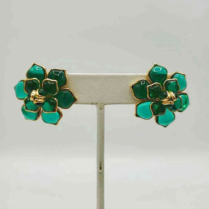 Goldtone Green Pre Loved Flowers Earrings