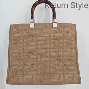 FENDI Tan Brown Woven Plexiglass Pre Loved Monogram 14" 5.5" 11 in Purse