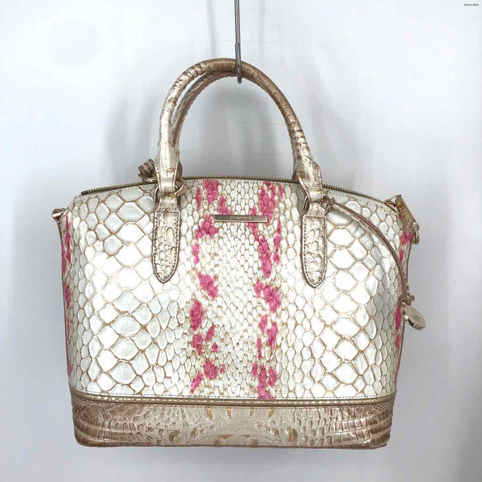 BRAHMIN Beige Pink Embossed leather Dyed Print Tote w/Adjustible Strap 11" Purse