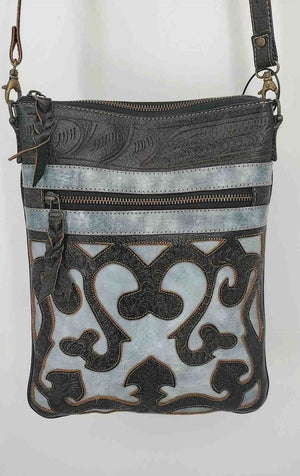 Brown Blue Tooled Crossbody Purse