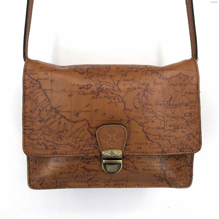 PATRICIA NASH Caramel Brown Leather Map Print Crossbody Purse