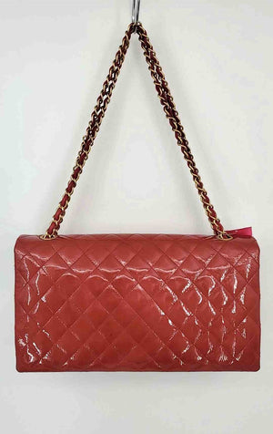 CHANEL Red Gold Quilted Patent Leather Pre Loved Chain Strap Shoulder Bag Purse