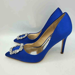 BADGLEY MISCHKA Royal Blue Silvertone Satin Pointed Toe Crystal Heels Shoes