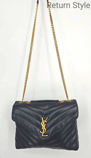 YSL - YVES ST LAURENT Navy Gold Leather Quilted Chain Trim Adjustable 12" Purse