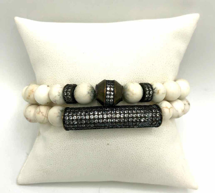 White Brass Beaded Crystal Pave Set of 2 Bracelet Set