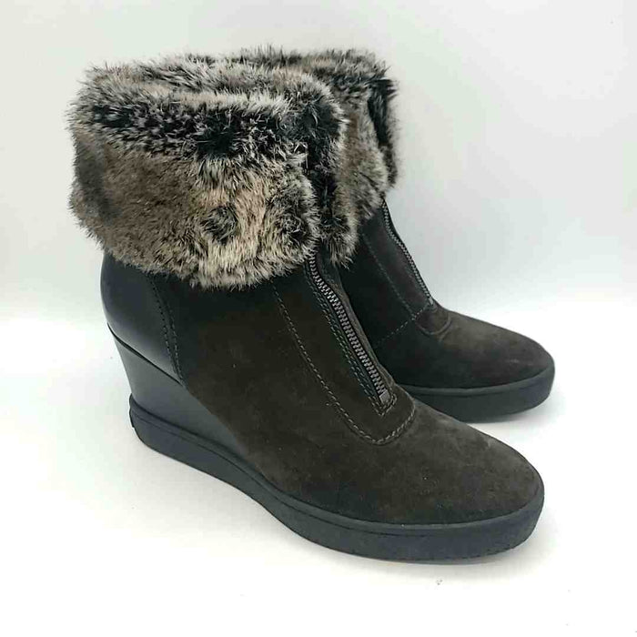 AQUATALIA Dk Brown Black Suede Wedge Made in Italy Furry Trim 3" Wedge Boots