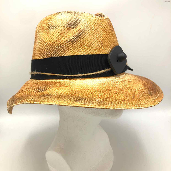 GRAND CENTRAL FASHION Tan Beige & Black Straw Feather Pre Loved AS IS Hat