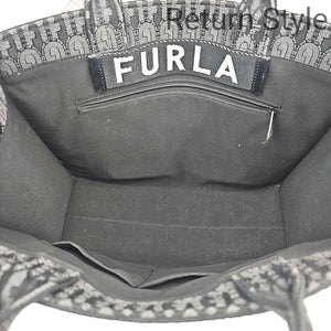 FURLA Gray Black Pre Loved Tapestry Business Tote Purse